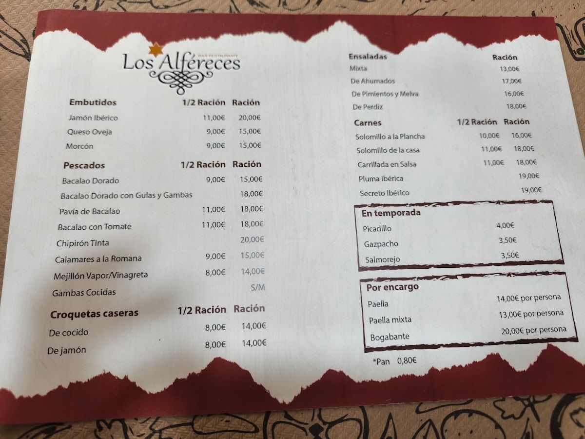 Carta deRestaurante Los Alféreces Badajoz