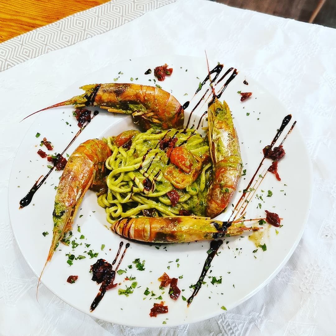 SPAGHETTI GAMBES & PESTO  en 
