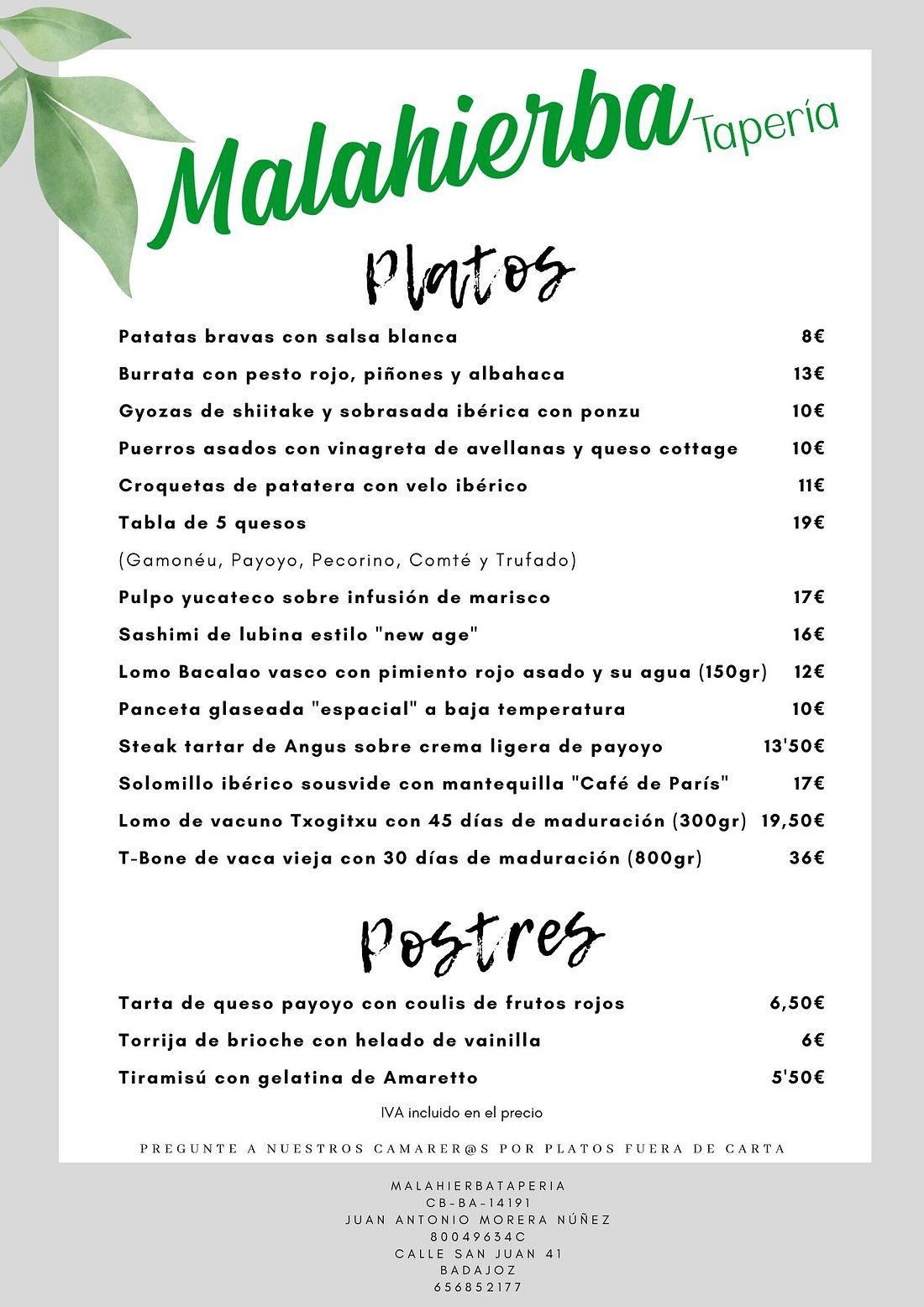 Carta deMalahierba Tapería Badajoz